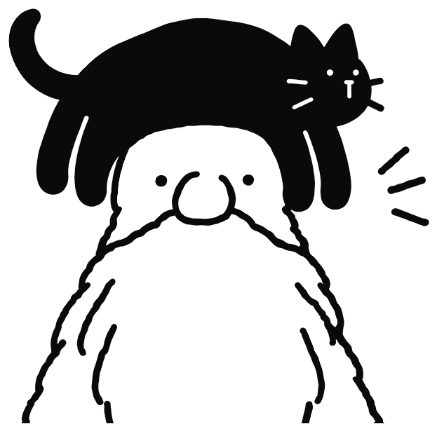 Mr. Tinta with his black cat asleep on his head